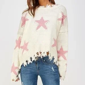 Storia Sweaters Storia Distressed Pink Star Sweater Poshmark